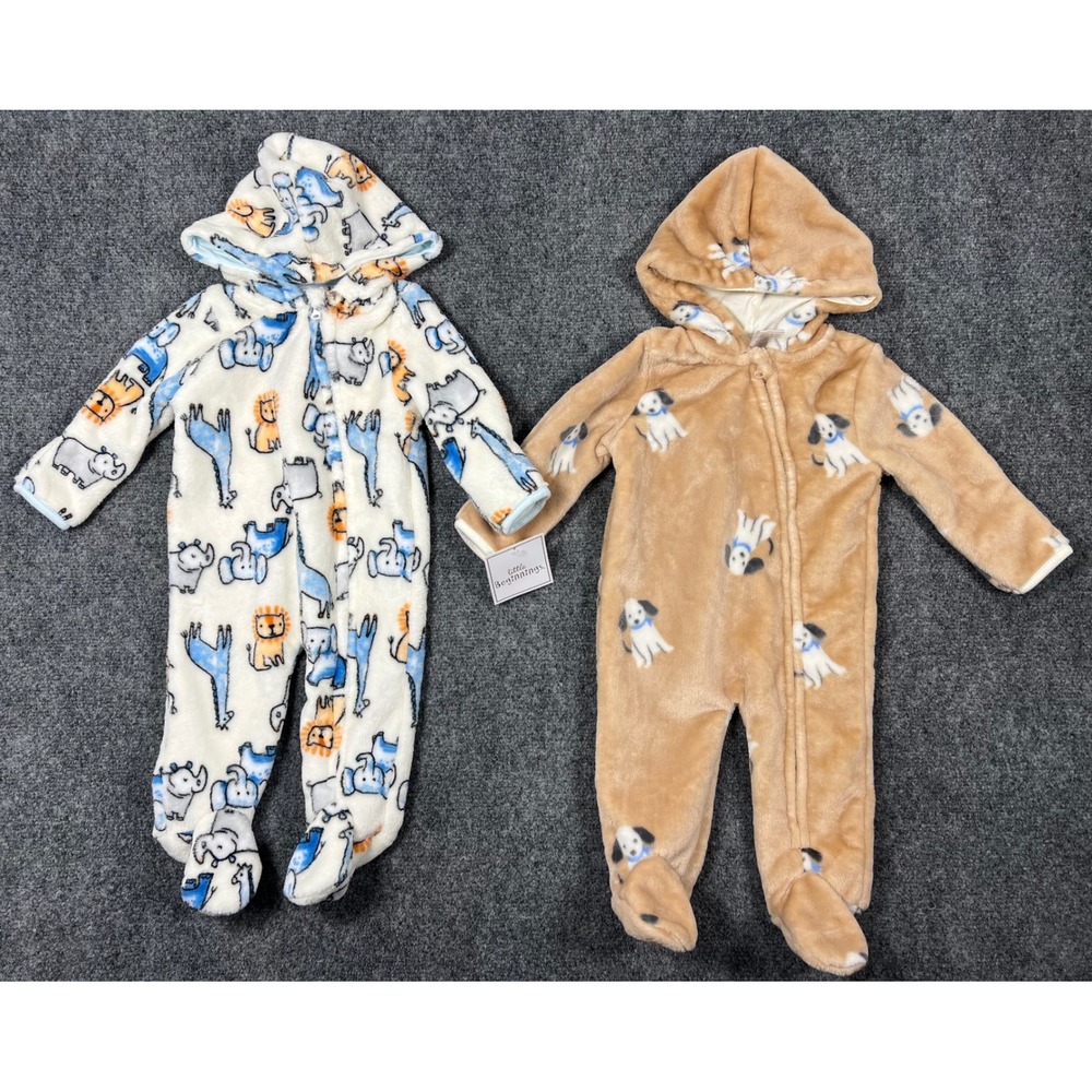 Little Beginnings Baby Fleece Hooded Footed Sleepers 2 Pack Safari Dogs 3-6M NWT